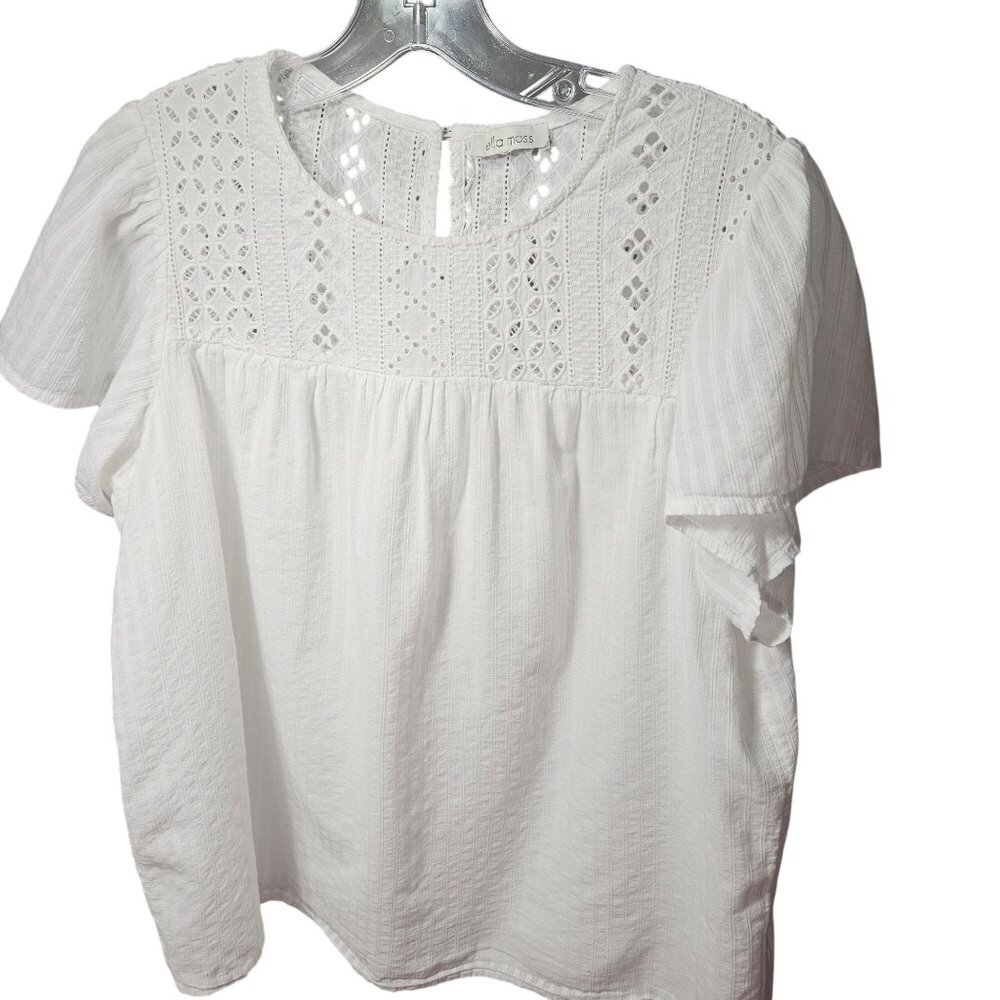 Ella Moss White Lace Accent Short Sleeve Blouse Womens Top